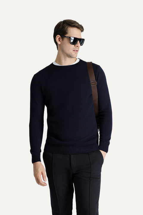Dark Navy Crew Neck Regular Fit Patterned Cotton Knit Sweater