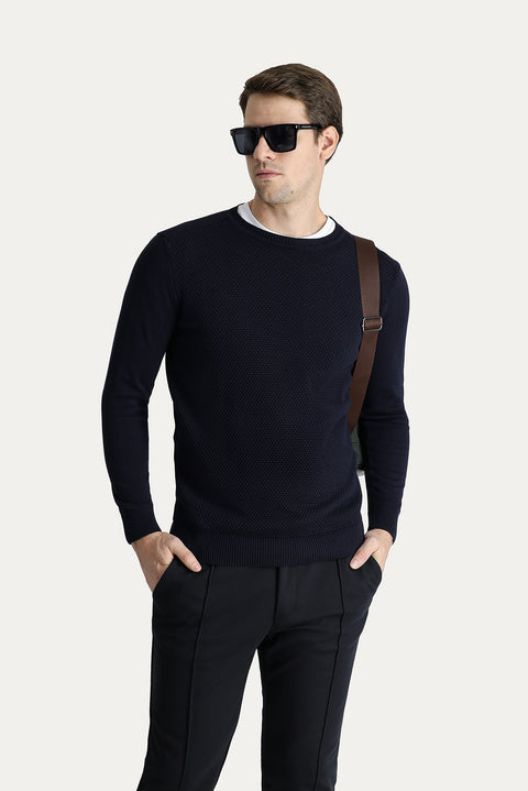 Dark Navy Crew Neck Regular Fit Patterned Cotton Knit Sweater