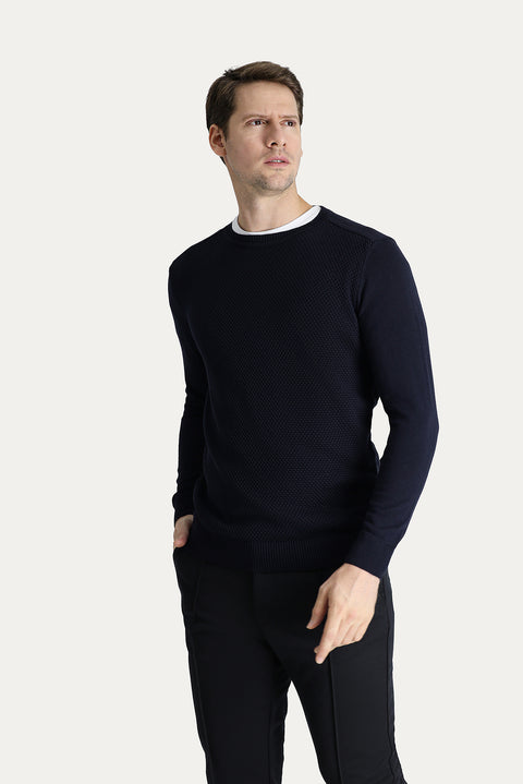 Dark Navy Crew Neck Regular Fit Patterned Cotton Knit Sweater