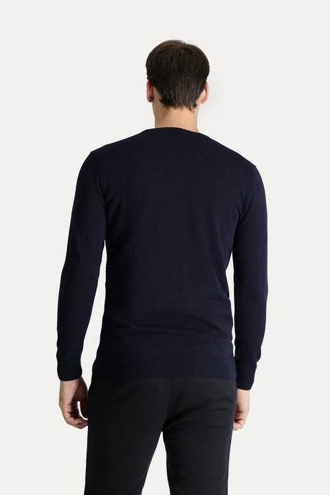 Dark Navy Crew Neck Regular Fit Patterned Cotton Knit Sweater