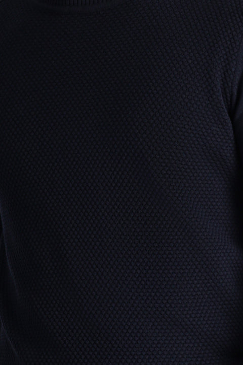 Dark Navy Crew Neck Regular Fit Patterned Cotton Knit Sweater