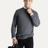 Medium Gray Crew Neck Slim Fit Narrow Cut Wool Patterned Knit Sweater