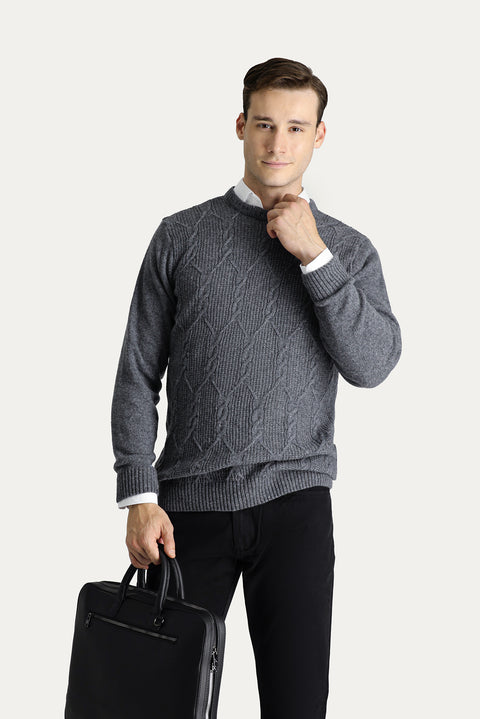 Medium Gray Crew Neck Slim Fit Narrow Cut Wool Patterned Knit Sweater