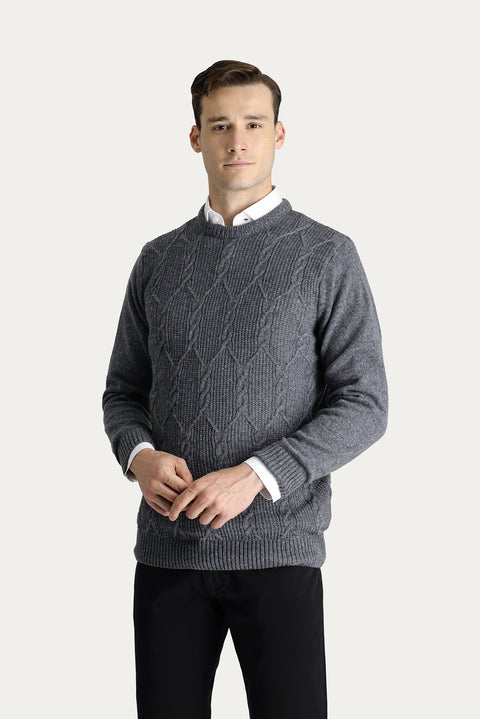 Medium Gray Crew Neck Slim Fit Narrow Cut Wool Patterned Knit Sweater