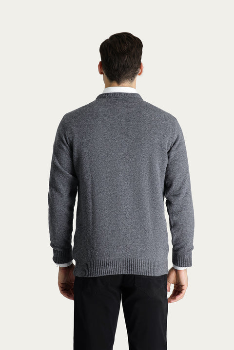 Medium Gray Crew Neck Slim Fit Narrow Cut Wool Patterned Knit Sweater