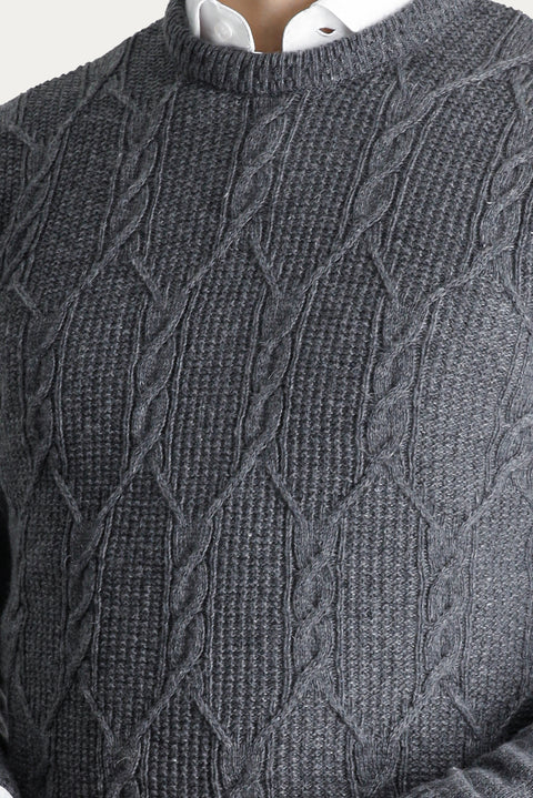 Medium Gray Crew Neck Slim Fit Narrow Cut Wool Patterned Knit Sweater