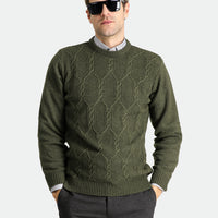 Medium Khaki Crew Neck Slim Fit Narrow Cut Wool Patterned Knit Sweater