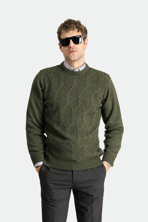 Medium Khaki Crew Neck Slim Fit Narrow Cut Wool Patterned Knit Sweater