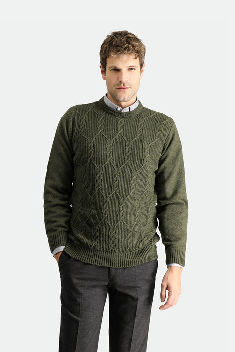 Medium Khaki Crew Neck Slim Fit Narrow Cut Wool Patterned Knit Sweater