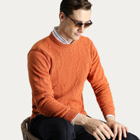 Light Orange Crew Neck Slim Fit Narrow Cut Wool Patterned Knit Sweater