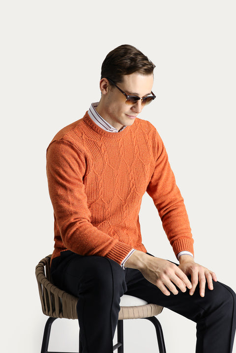 Light Orange Crew Neck Slim Fit Narrow Cut Wool Patterned Knit Sweater