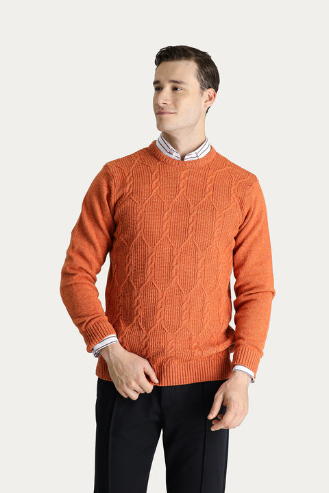 Light Orange Crew Neck Slim Fit Narrow Cut Wool Patterned Knit Sweater