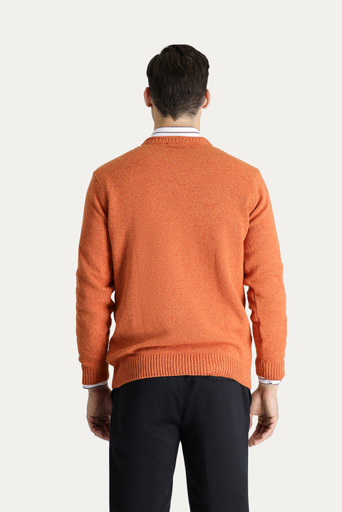Light Orange Crew Neck Slim Fit Narrow Cut Wool Patterned Knit Sweater
