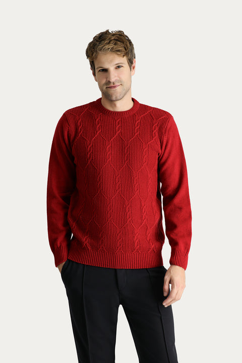 Dark Red Crew Neck Slim Fit Narrow Cut Wool Patterned Knit Sweater