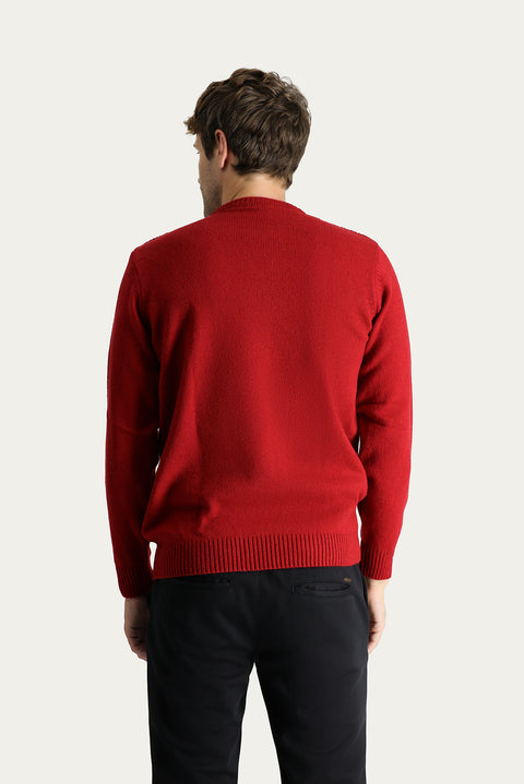 Dark Red Crew Neck Slim Fit Narrow Cut Wool Patterned Knit Sweater