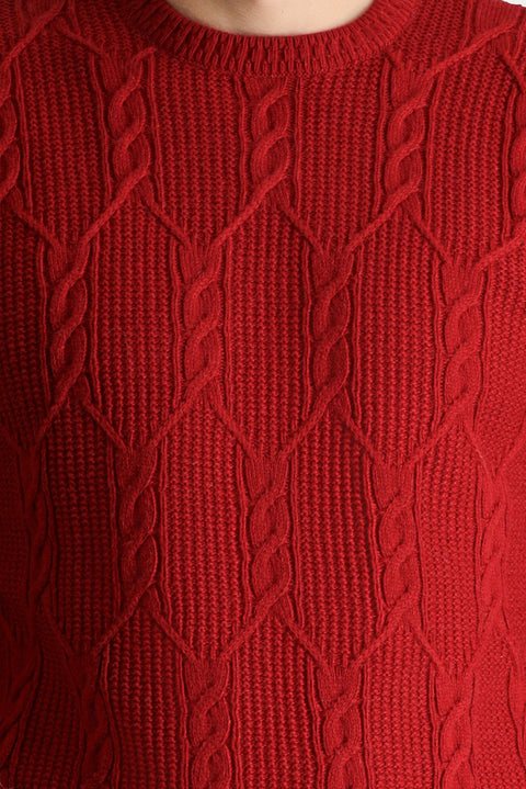 Dark Red Crew Neck Slim Fit Narrow Cut Wool Patterned Knit Sweater