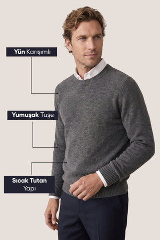  Orta Füme Bisiklet Yaka Slim Fit Dar Kesim Desenli Yünlü Triko Kazak