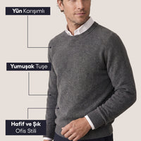 Orta Füme Bisiklet Yaka Slim Fit Dar Kesim Desenli Yünlü Triko Kazak