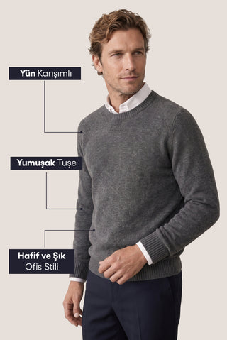  Orta Füme Bisiklet Yaka Slim Fit Dar Kesim Desenli Yünlü Triko Kazak