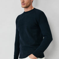 Dark Navy Crew Neck Slim Fit Narrow Cut Seamless Patterned Wool Knit Sweater