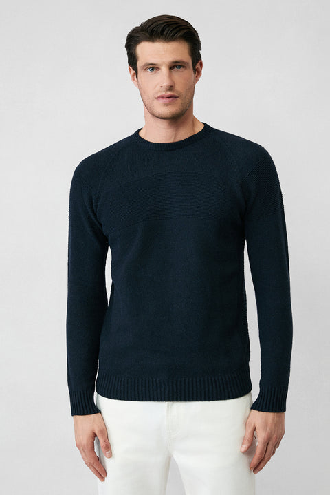 Dark Navy Crew Neck Slim Fit Narrow Cut Seamless Patterned Wool Knit Sweater