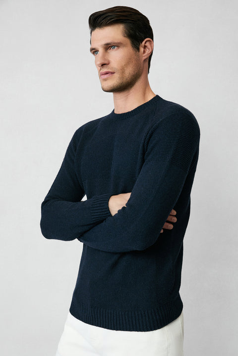 Dark Navy Crew Neck Slim Fit Narrow Cut Seamless Patterned Wool Knit Sweater