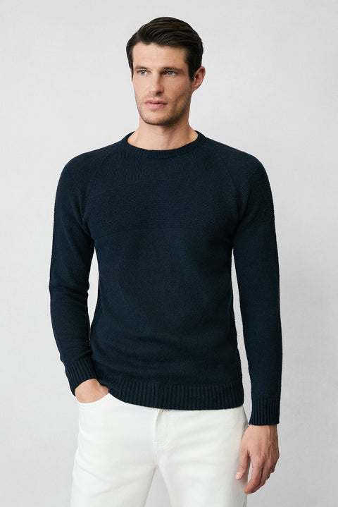 Dark Navy Crew Neck Slim Fit Narrow Cut Seamless Patterned Wool Knit Sweater