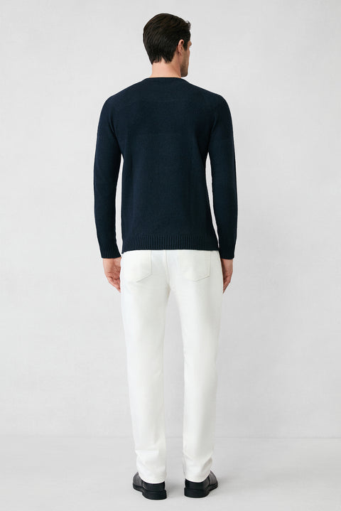 Dark Navy Crew Neck Slim Fit Narrow Cut Seamless Patterned Wool Knit Sweater