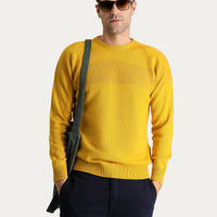 Mustard Yellow Crew Neck Slim Fit Narrow Cut Seamless Patterned Wool Knit Sweater