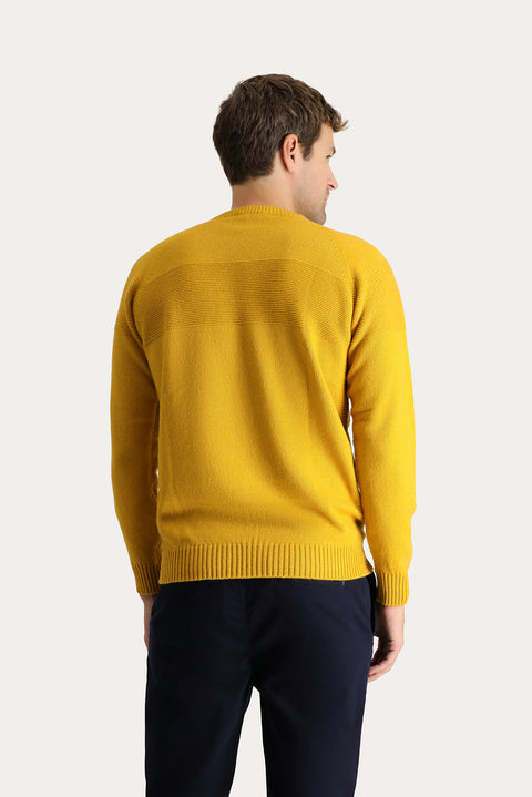 Mustard Yellow Crew Neck Slim Fit Narrow Cut Seamless Patterned Wool Knit Sweater