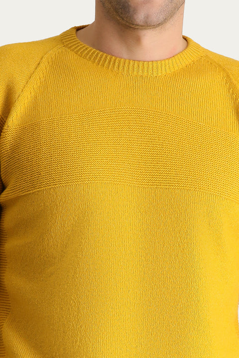 Mustard Yellow Crew Neck Slim Fit Narrow Cut Seamless Patterned Wool Knit Sweater