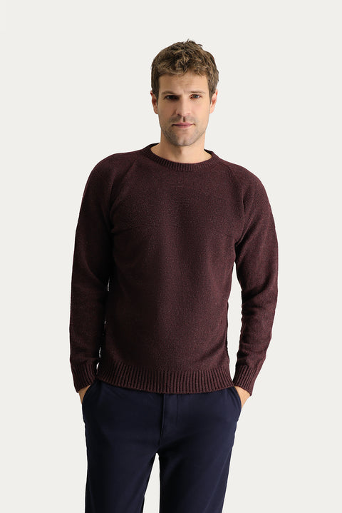 Dark Burgundy Crew Neck Slim Fit Narrow Cut Seamless Patterned Wool Knit Sweater
