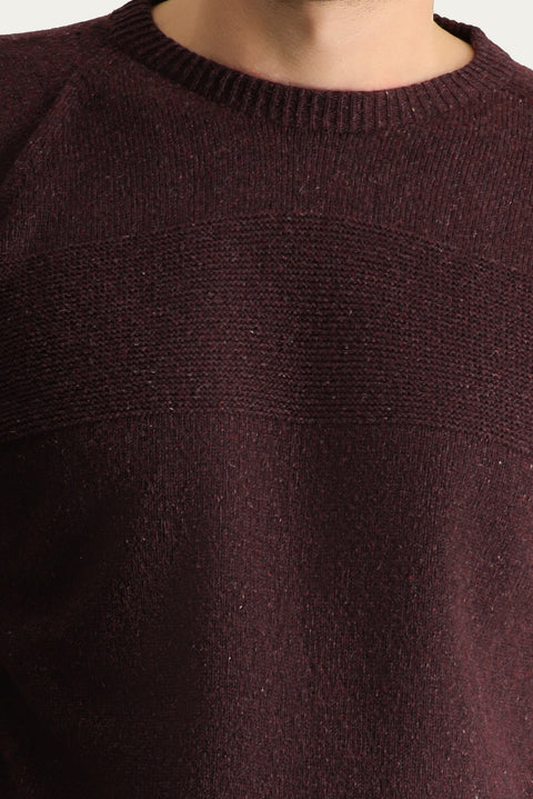 Dark Burgundy Crew Neck Slim Fit Narrow Cut Seamless Patterned Wool Knit Sweater