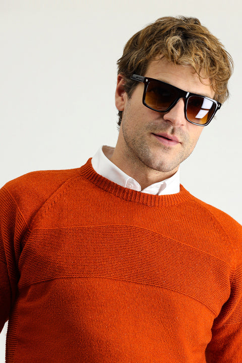 Medium Orange Crew Neck Slim Fit Narrow Cut Seamless Patterned Wool Knit Sweater