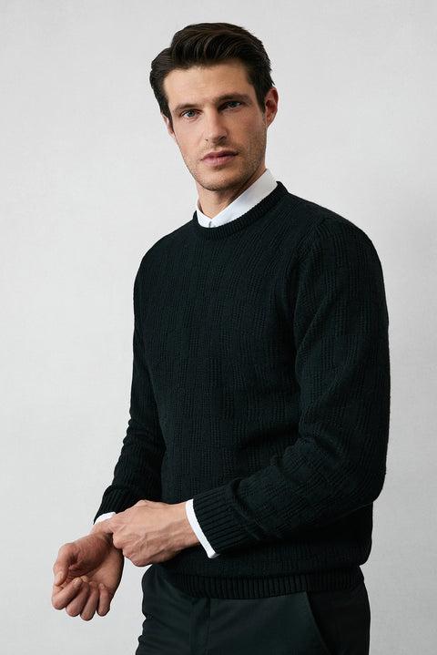 Black Crew Neck Regular Fit Knitted Sweater