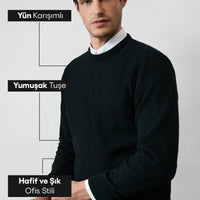 Black Turtleneck Regular Fit Wool Patterned Knit Sweater