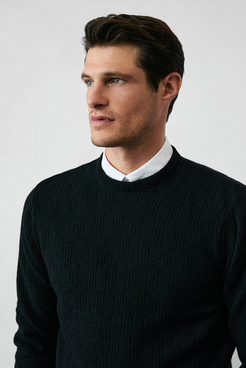 Black Crew Neck Regular Fit Knitted Sweater