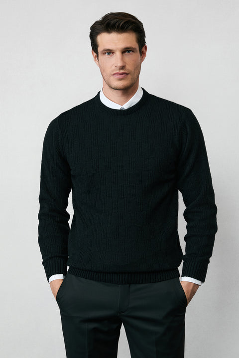 Black Crew Neck Regular Fit Knitted Sweater