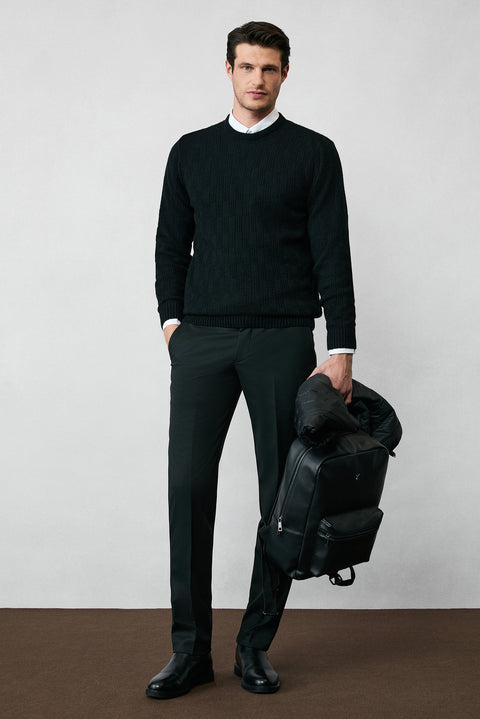 Black Crew Neck Regular Fit Knitted Sweater
