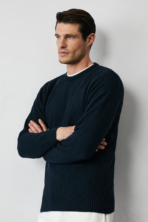Dark Navy Crew Neck Regular Fit Wool Patterned Knit Sweater