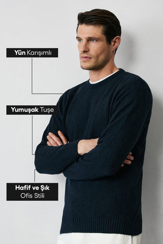 Koyu Lacivert Bisiklet Yaka Regular Fit Desenli Yünlü Triko Kazak