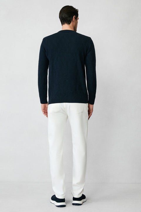 Dark Navy Crew Neck Regular Fit Wool Patterned Knit Sweater