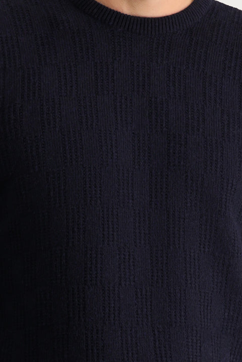 Dark Navy Crew Neck Regular Fit Wool Patterned Knit Sweater