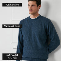 Aviator Blue Crew Neck Regular Fit Wool Patterned Knit Sweater