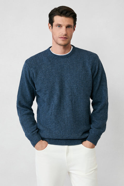 Aviator Blue Crew Neck Regular Fit Wool Patterned Knit Sweater