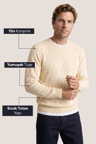  Taş Bisiklet Yaka Regular Fit Yünlü Desenli Triko Kazak
