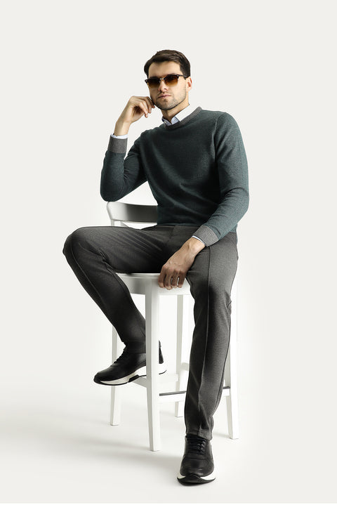 Medium Grey Crew Neck Slim Fit Narrow Cut Patterned Knit Sweater