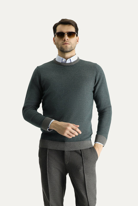 Medium Grey Crew Neck Slim Fit Narrow Cut Patterned Knit Sweater