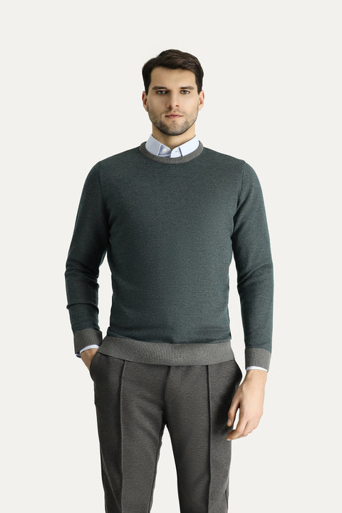 Medium Grey Crew Neck Slim Fit Narrow Cut Patterned Knit Sweater