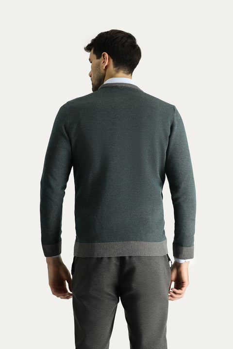 Medium Grey Crew Neck Slim Fit Narrow Cut Patterned Knit Sweater